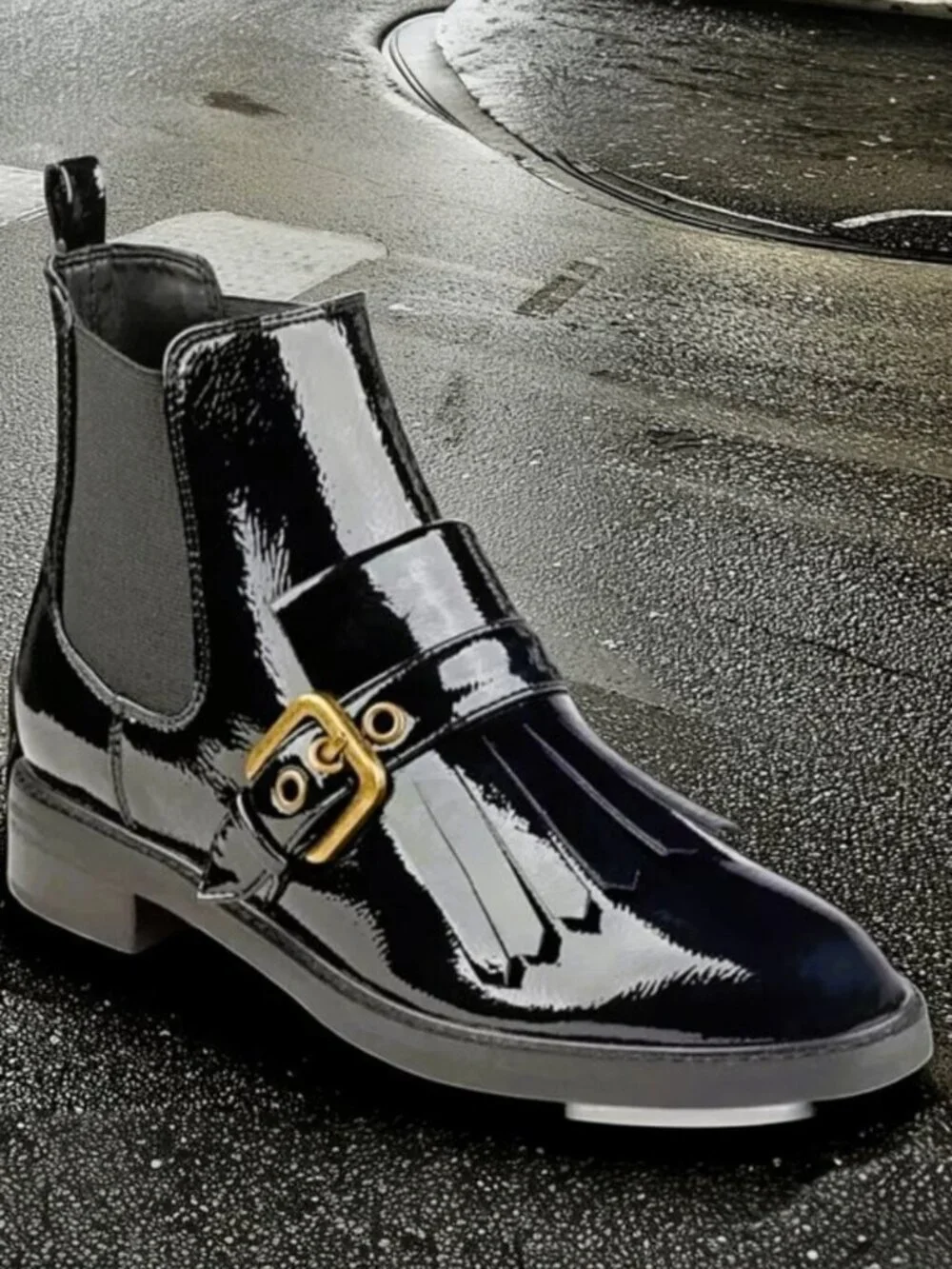 Marc Fisher Brigita Chelsea Kiltie Black Patent Buckle Pull On Boot, Size 7